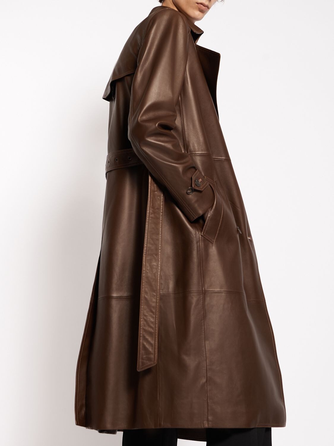 Shop Saint Laurent Leather Trench Coat In Brown