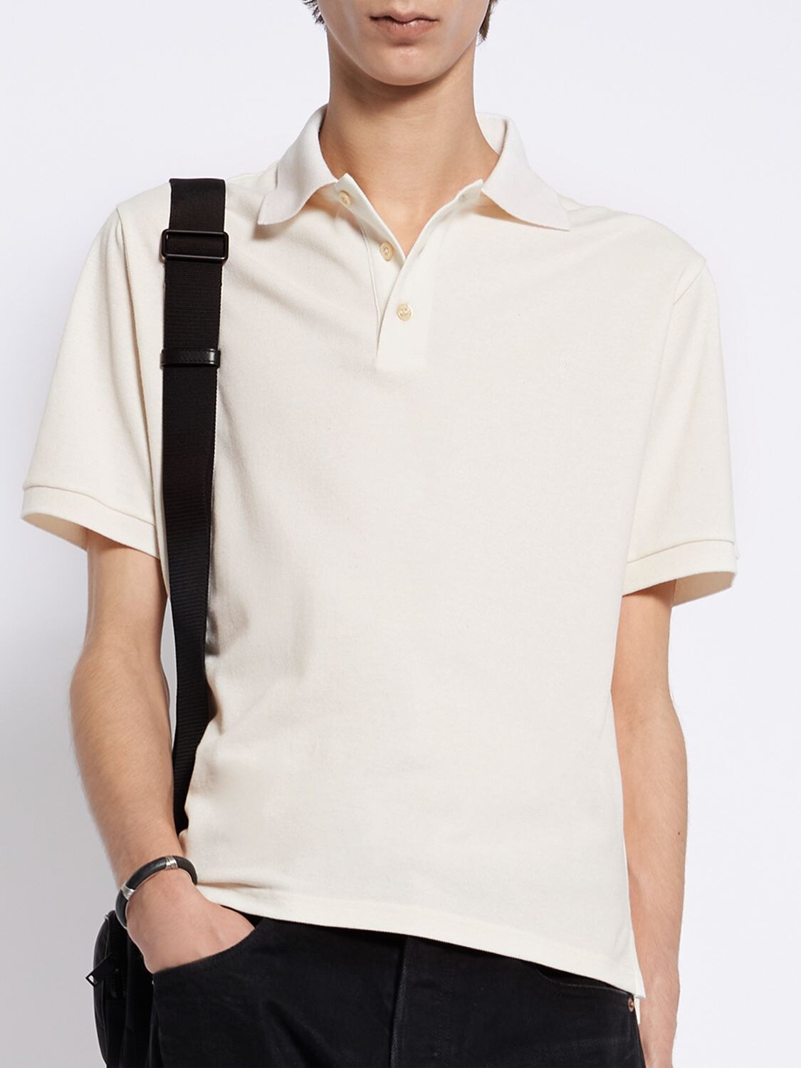 Shop Saint Laurent Cassandre Cotton Blend Polo Shirt In Naturel