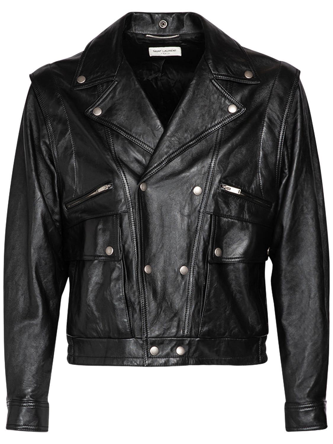 Shop Saint Laurent Leather Jacket W/ Detachable Sleeves In Black