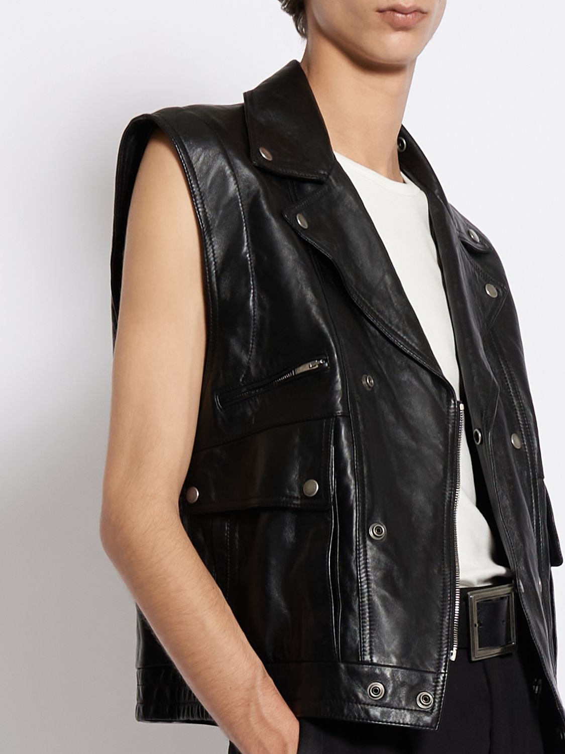 Shop Saint Laurent Leather Jacket W/ Detachable Sleeves In Black