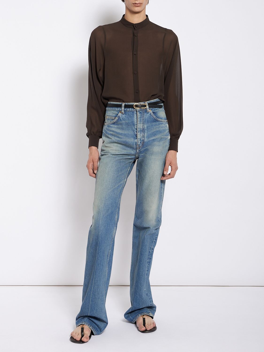 Shop Saint Laurent 70's Flared Cotton Jeans In Blue