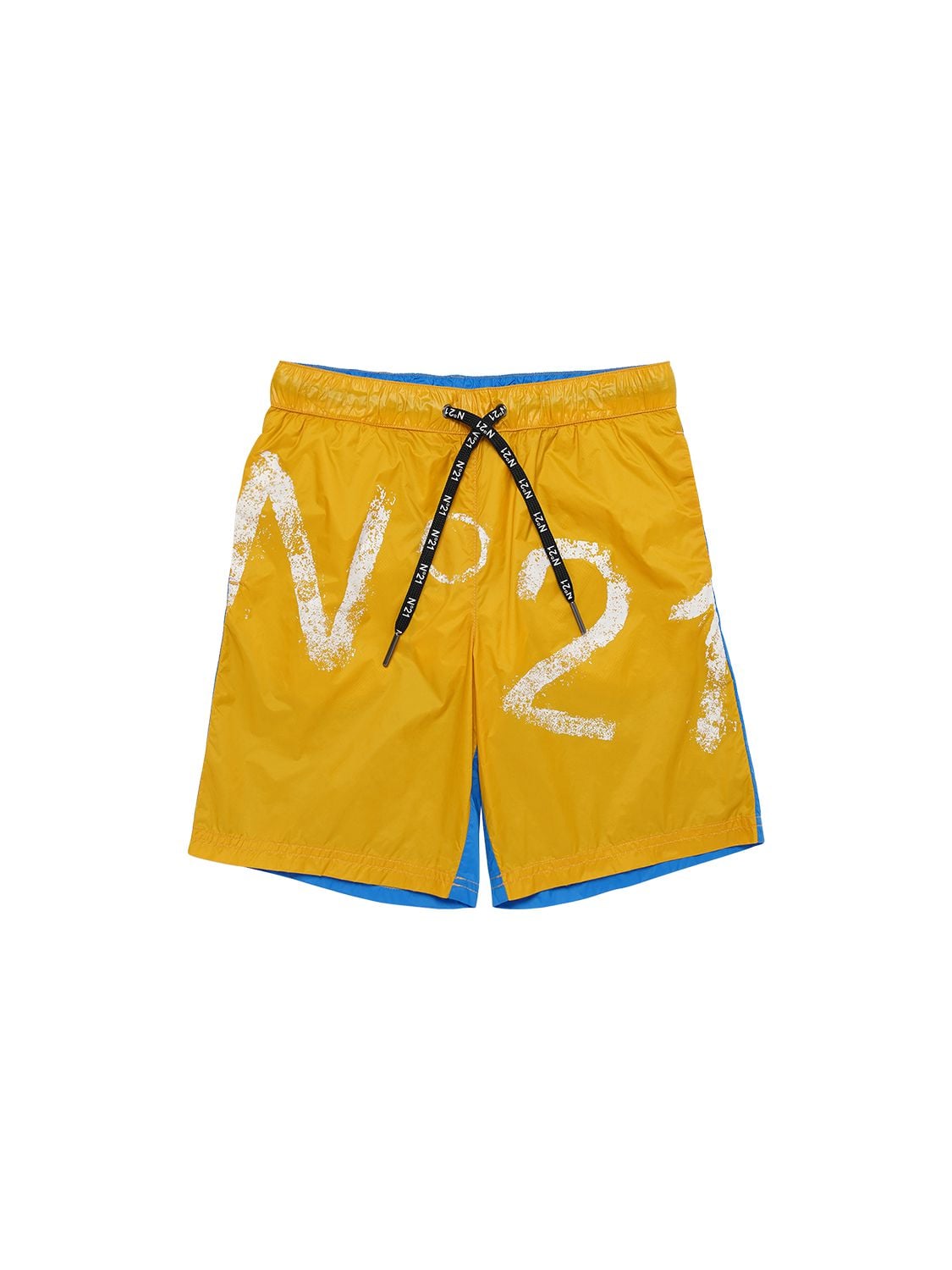 N°21 Kids' Two-tone Yellow And Light Blue Shorts With Vintage Effect Logo