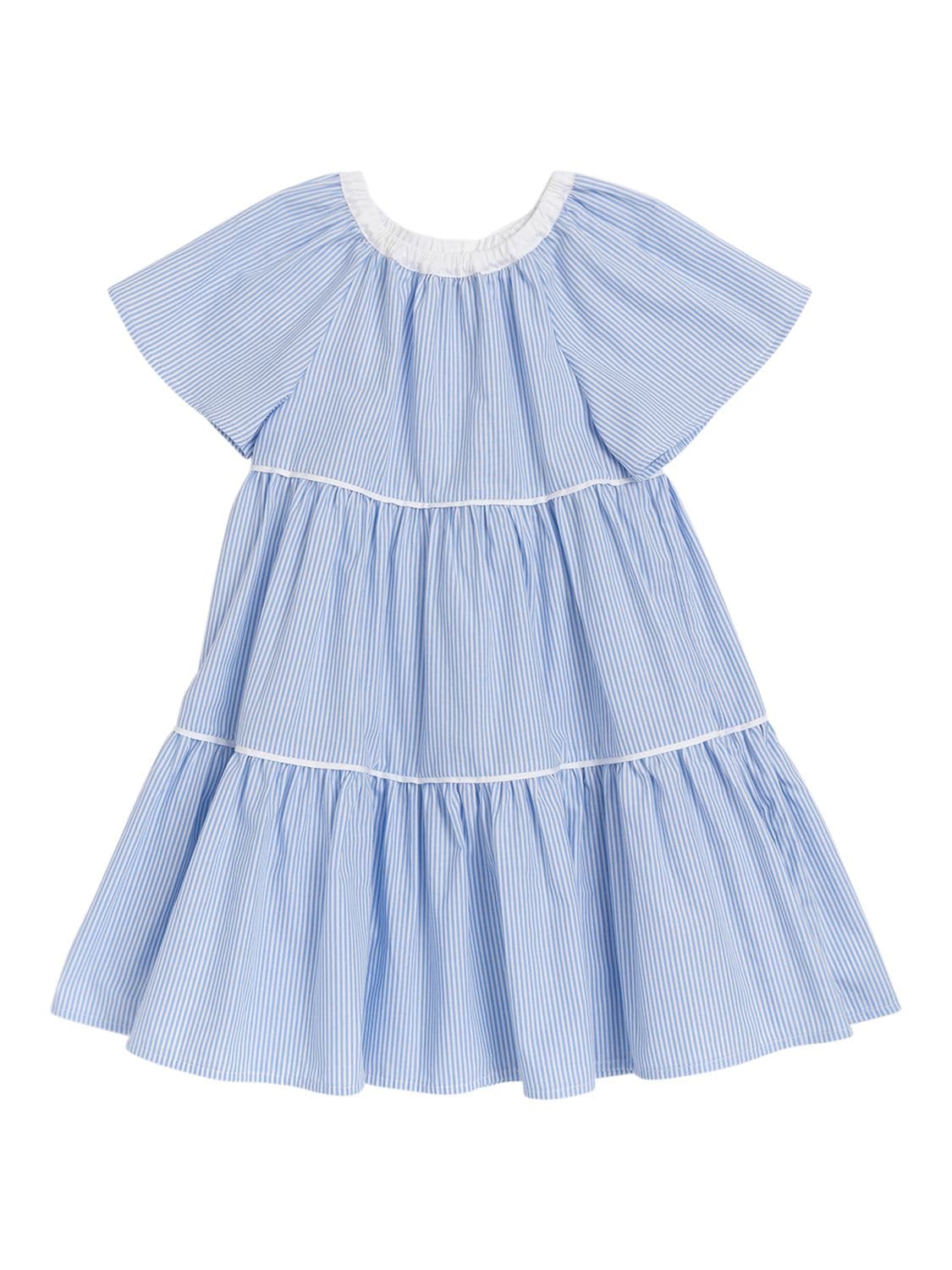 Il Gufo Kids' Striped Cotton Poplin Tiered Dress In Light Blue Stripes