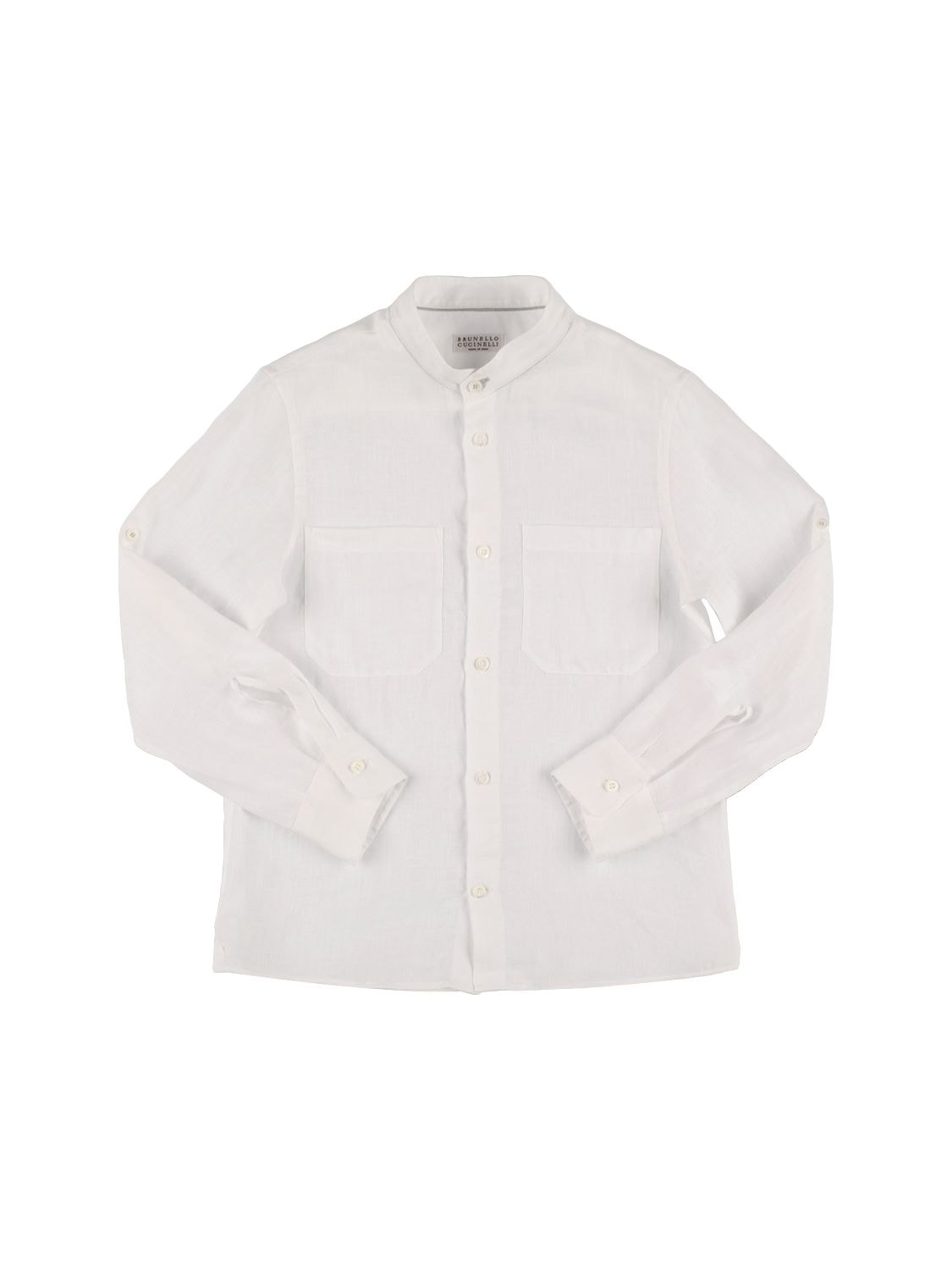 Brunello Cucinelli Kids' Linen Shirt With Mandarin Collar And Pockets In White