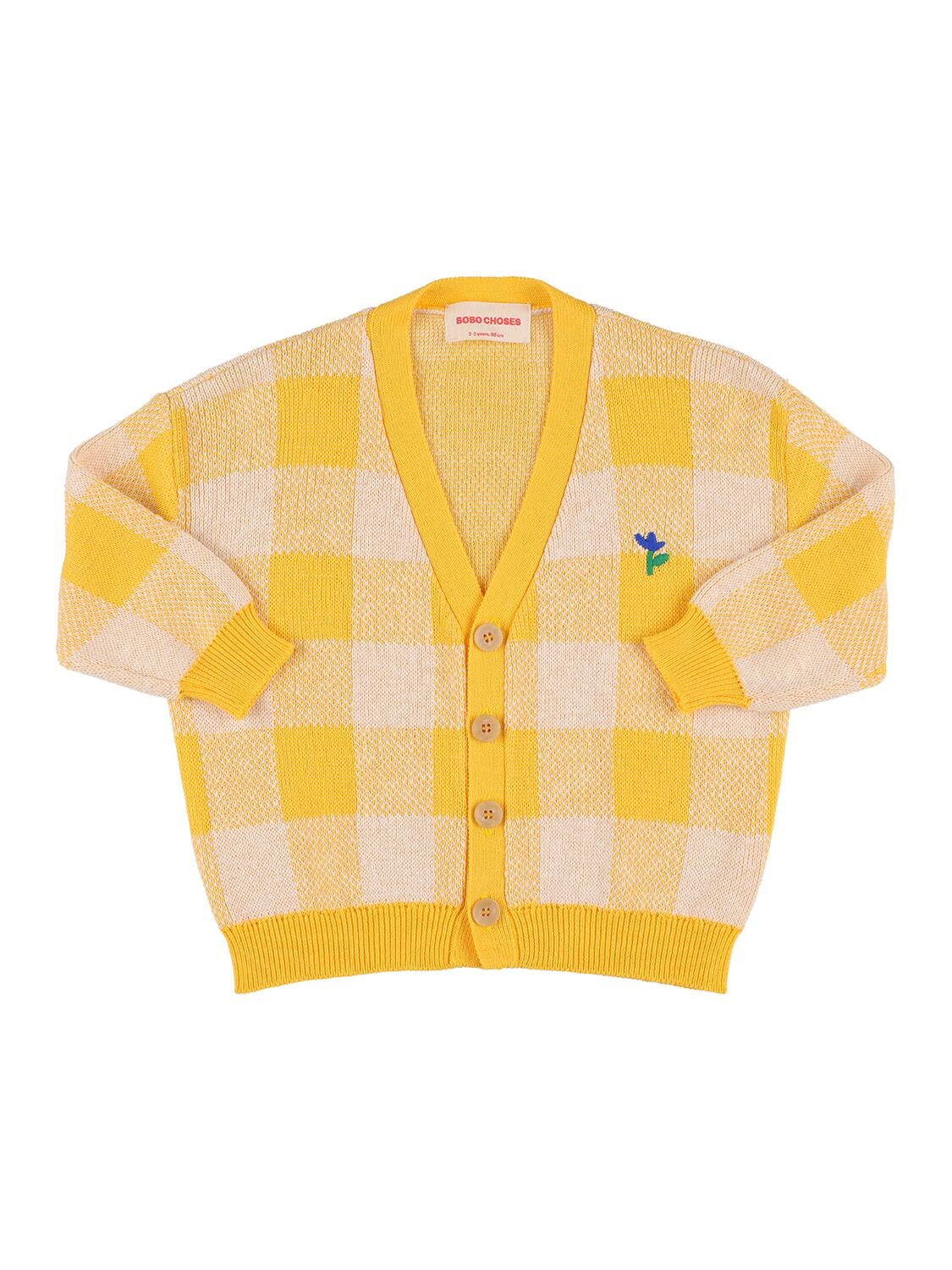 Bobo Choses Check Print Cotton Knit Cardigan In White,yellow