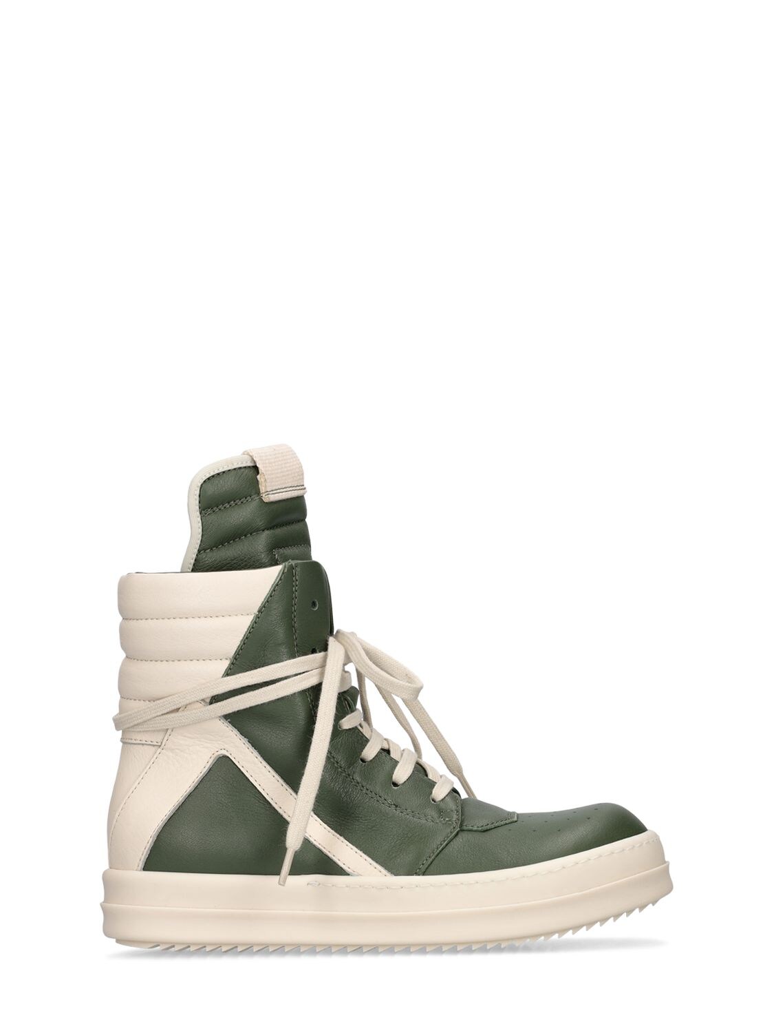Rick Owens Kids' Geobasket Leather High Top Sneakers In Green,off White