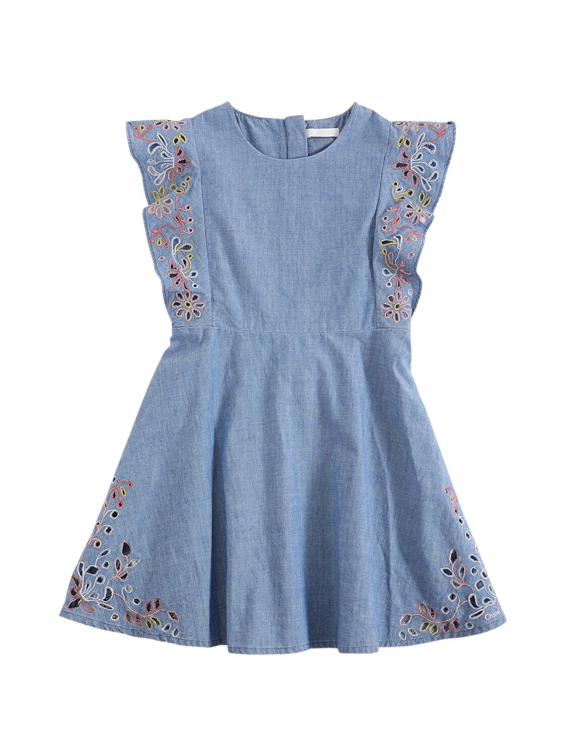 CHLOÉ EMBROIDERED COTTON CHAMBRAY DRESS