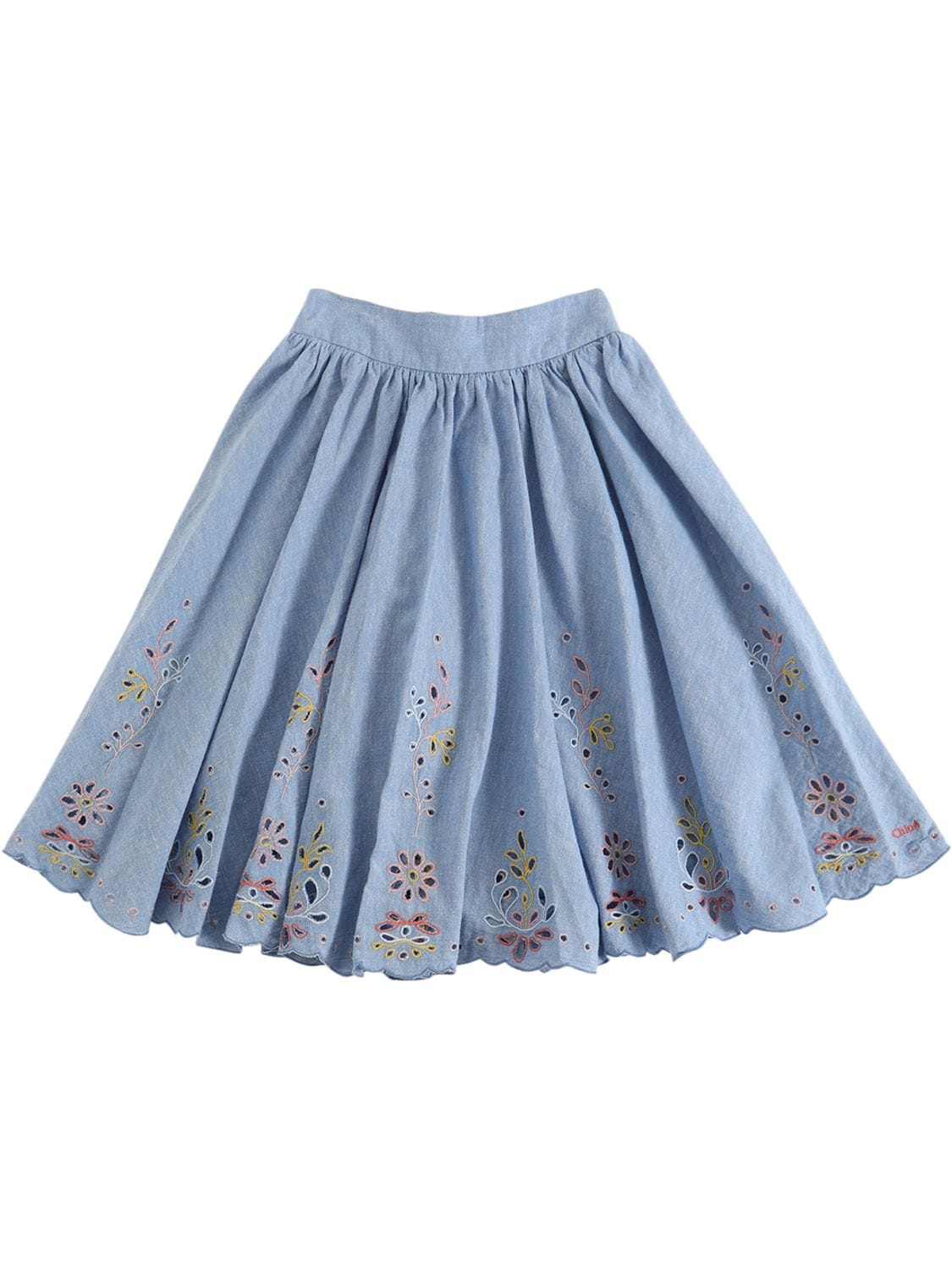Chloé Kids' Embroidered Cotton Chambray Skirt In Denim
