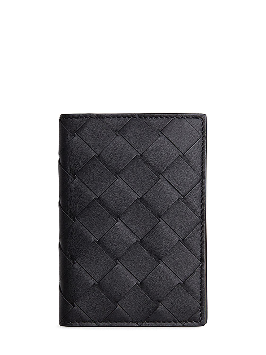 Shop Bottega Veneta Intrecciato Leather Flap Card Case In Black,grass