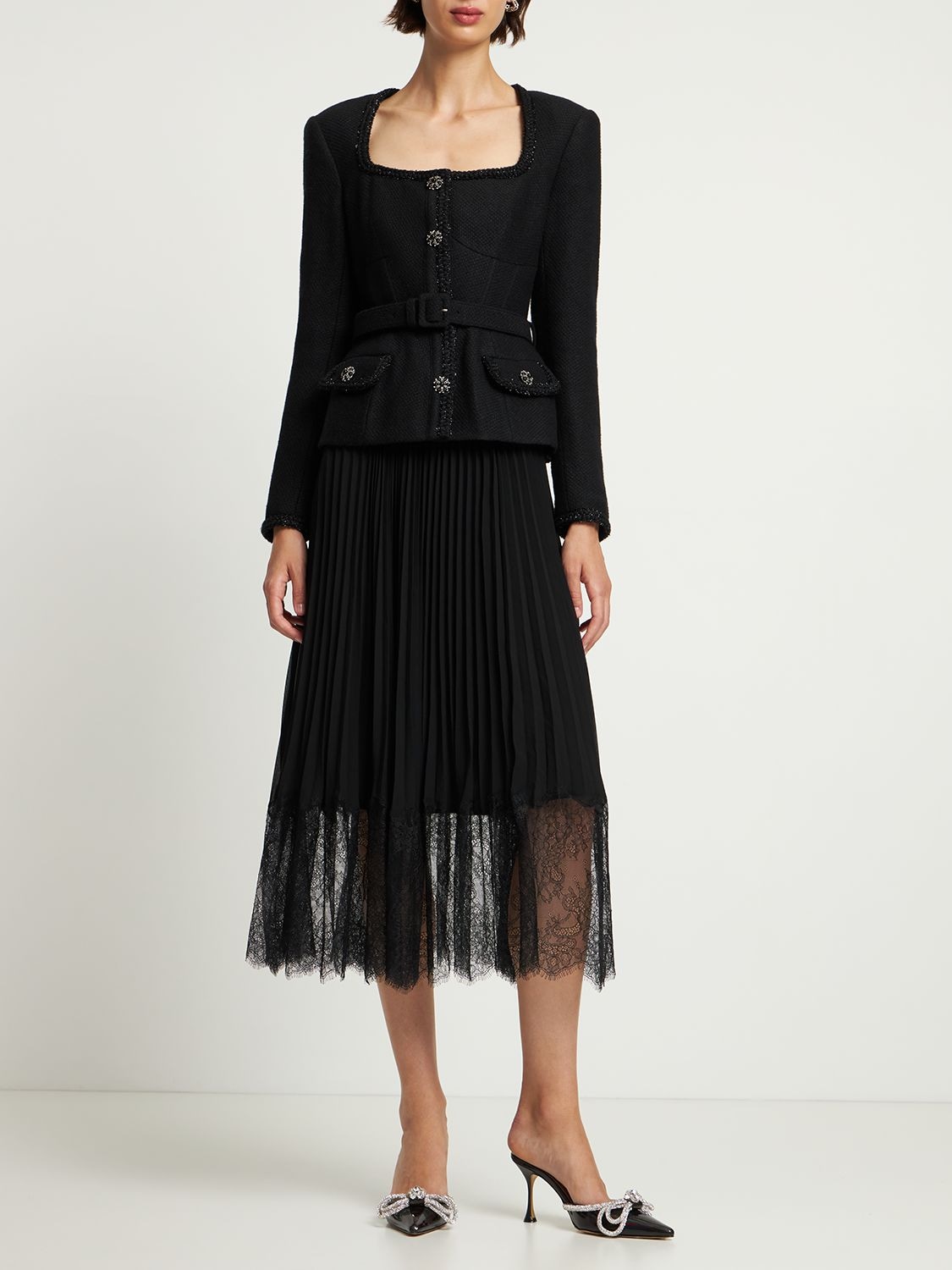 Self-portrait Jacket Pleated Midi-dress In Black