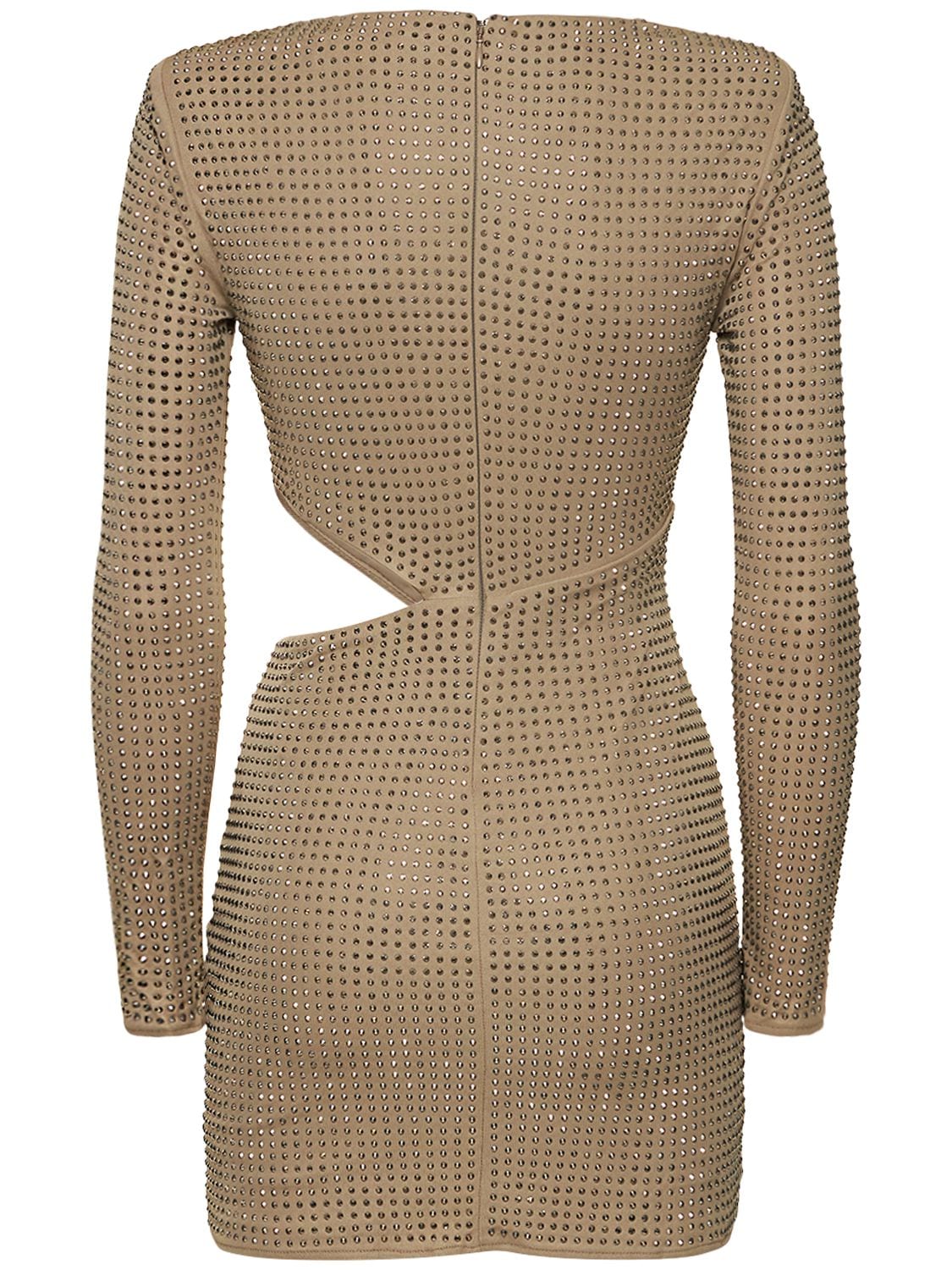 Shop Self-portrait Embellished Viscose Mini Dress In Grey