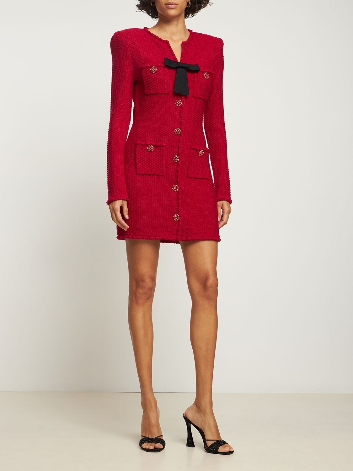 Shop Self-portrait Mélange Wool Blend Knit Mini Dress In Red