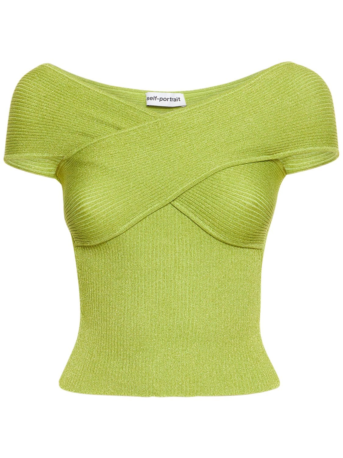 Self-portrait Knit Off Shoulder Top In Green