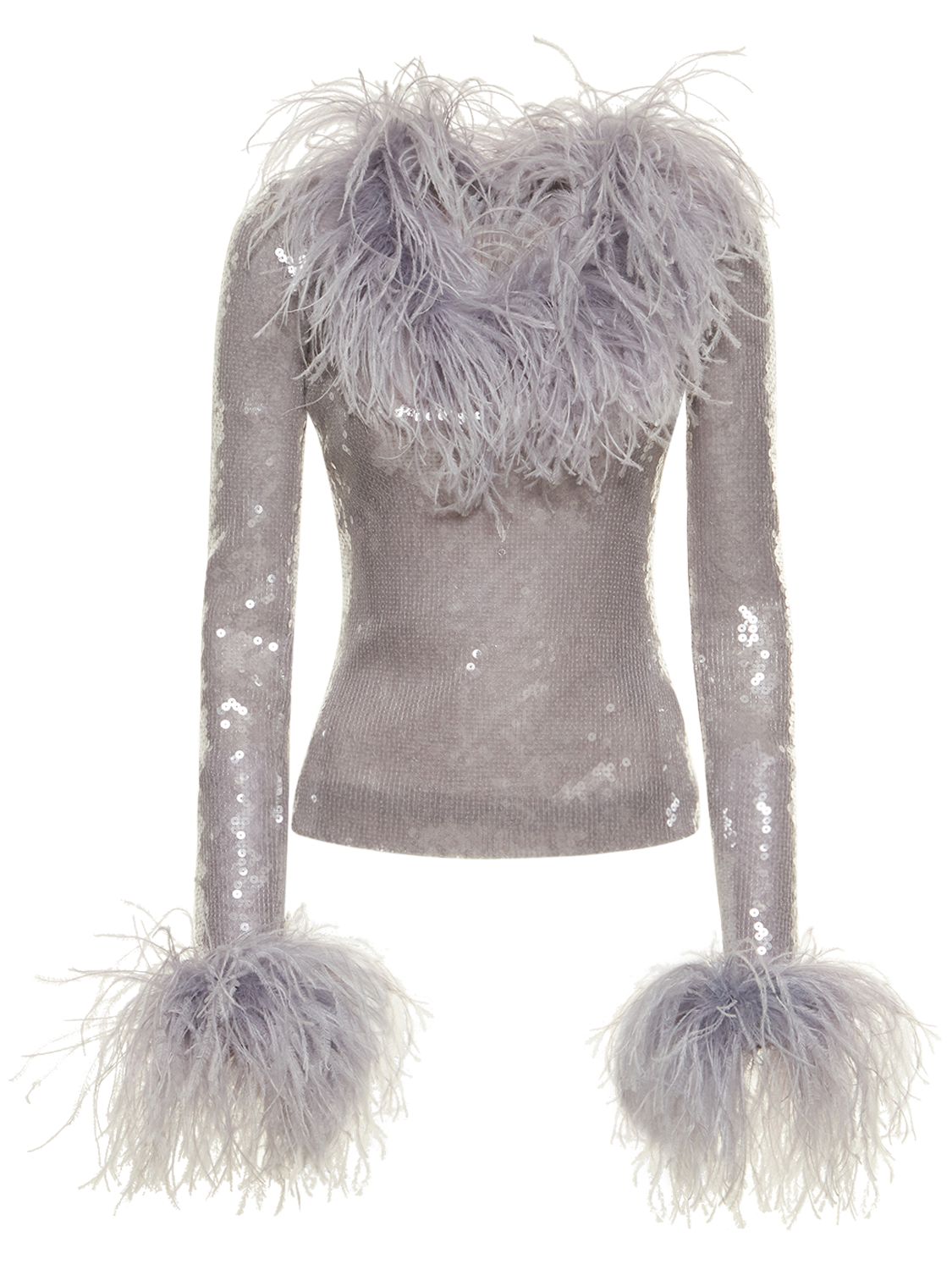 16arlington Pendall Feather-embellished Sequined Top In Lilac