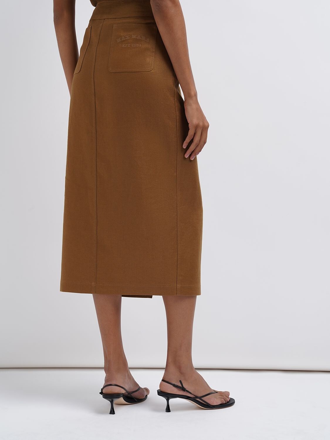 Shop Max Mara Sarda High Waist Linen Midi Skirt In Bronze