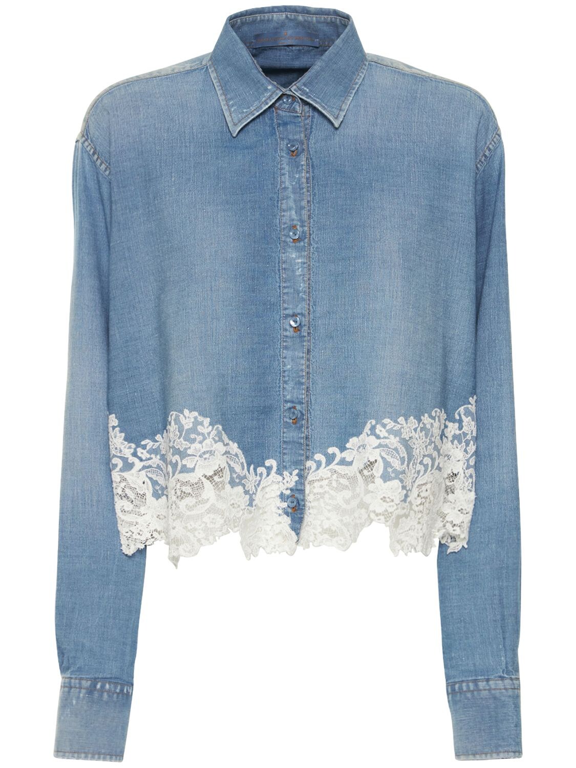 ERMANNO SCERVINO DENIM AND LACE CROPPED SHIRT