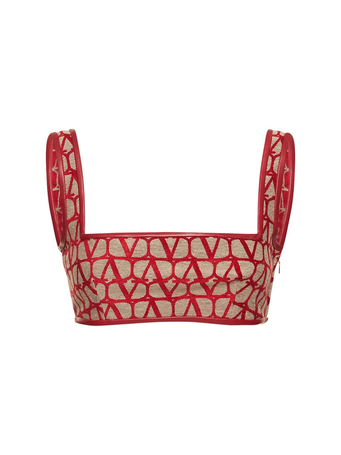 Valentino Logo Jacquard Canvas Crop Top In Beige,red