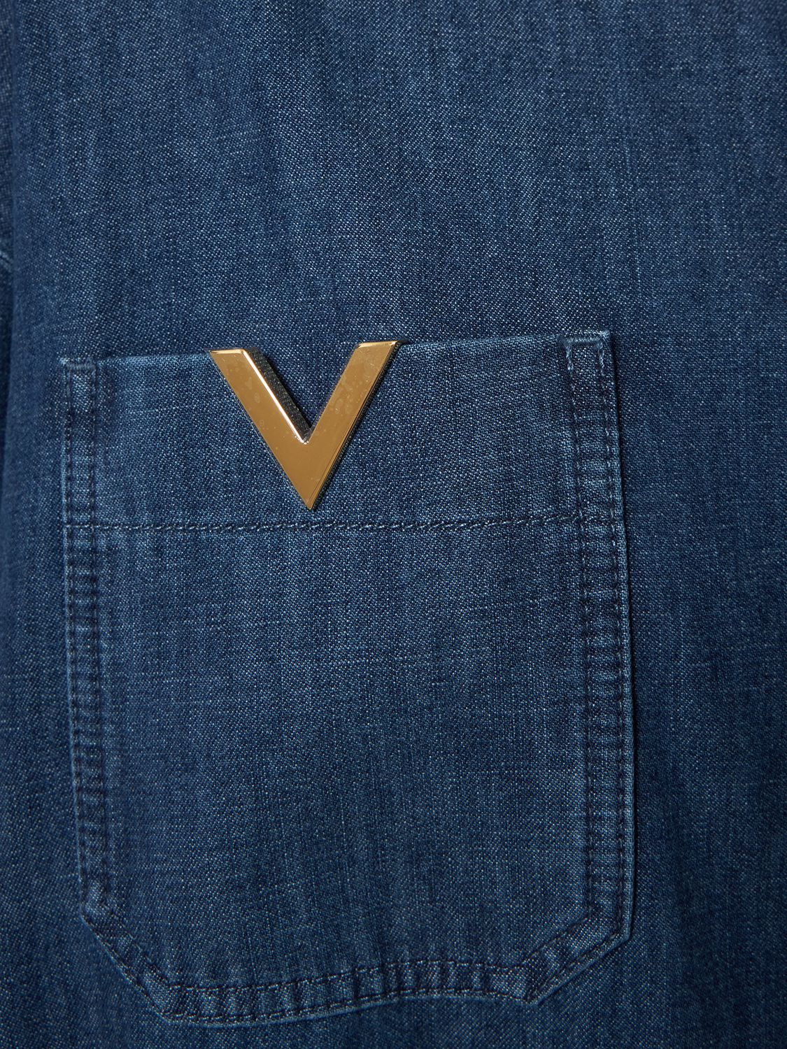 Shop Valentino V Logo Denim Chambray Long Shirt Dress In Blue