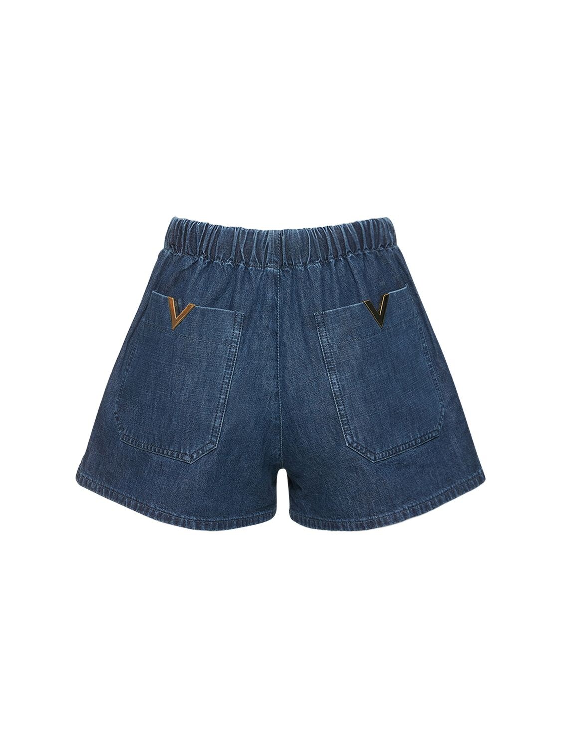 Shop Valentino V Logo Denim Chambray Mini Shorts In Blue