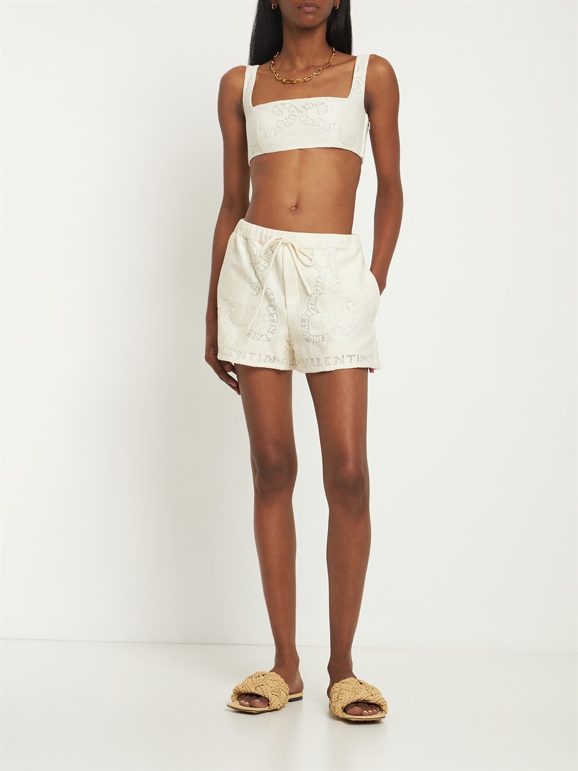 Shop Valentino Cotton Guipure Lace Mini Shorts In Ivory