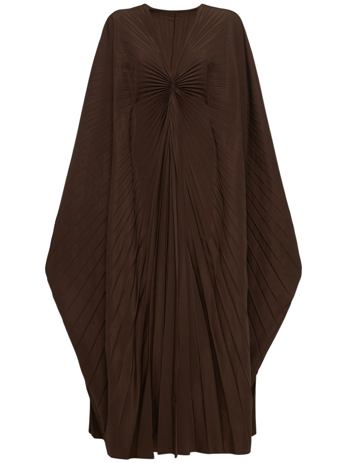 Valentino Faille Pleated V-neck Maxi Dress In Brown