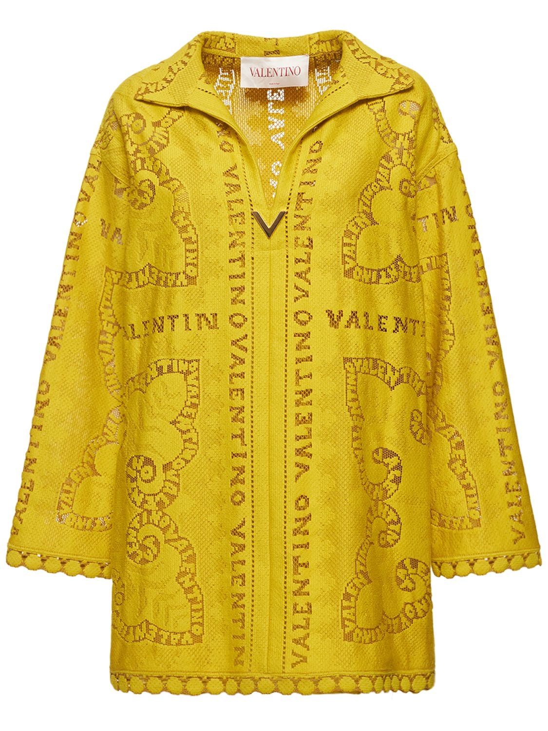 VALENTINO V LOGO COTTON GUIPURE LACE SHIRT DRESS
