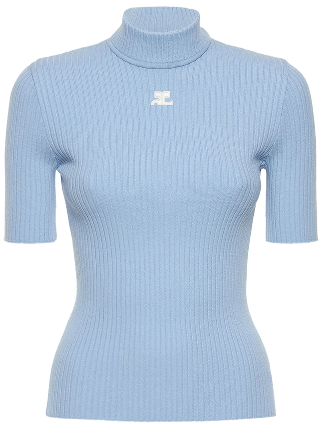 Shop Courrèges Knit Viscose Blend Logo Top In Light Blue