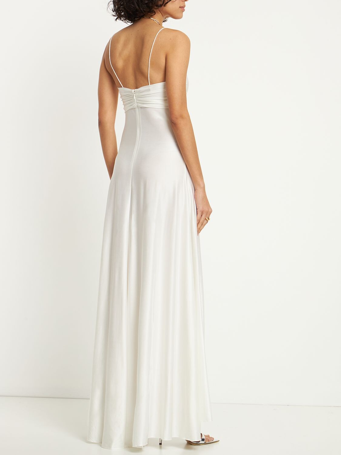 Shop Alexandre Vauthier Shiny Jersey Long Dress W/ Bow In Off-white