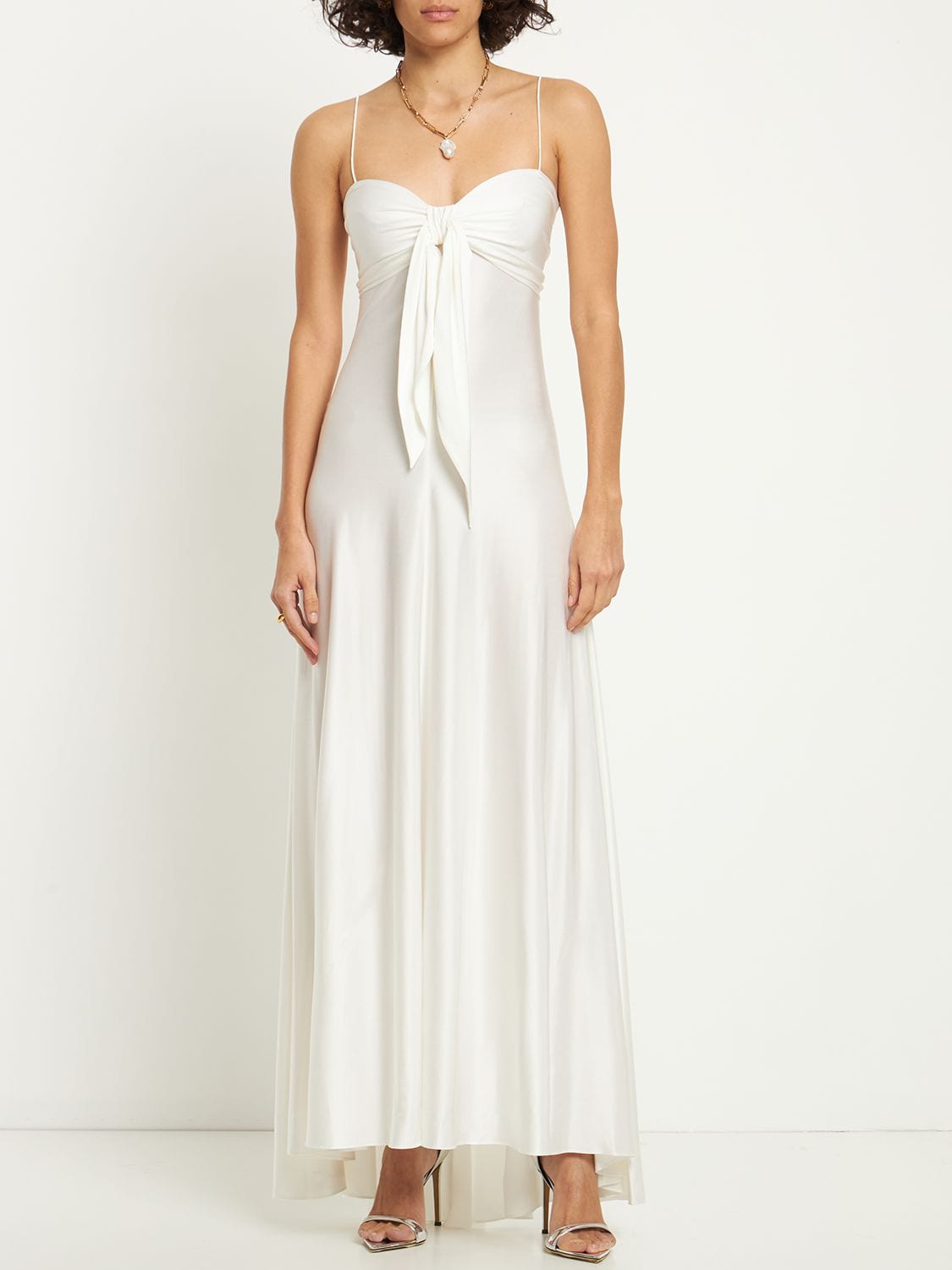 Shop Alexandre Vauthier Shiny Jersey Long Dress W/ Bow In Off-white