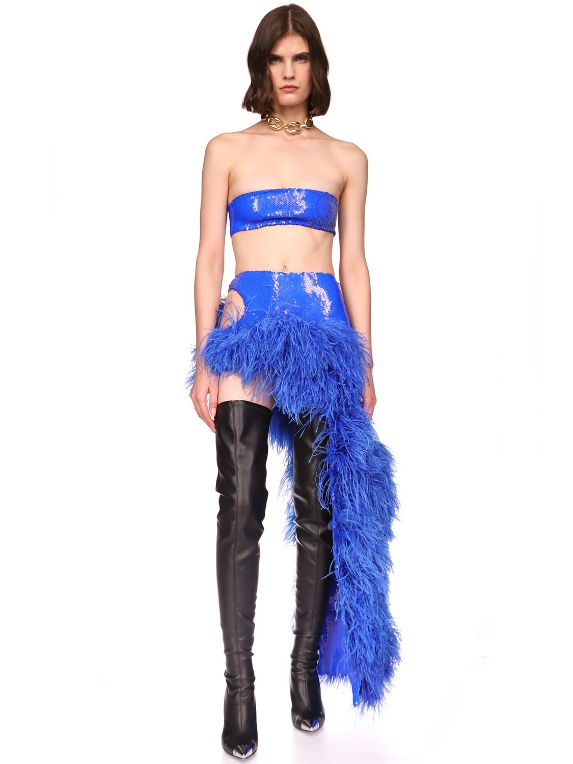 David Koma Sequined & Feathered Skirt W/ Hip Cutout In Blue