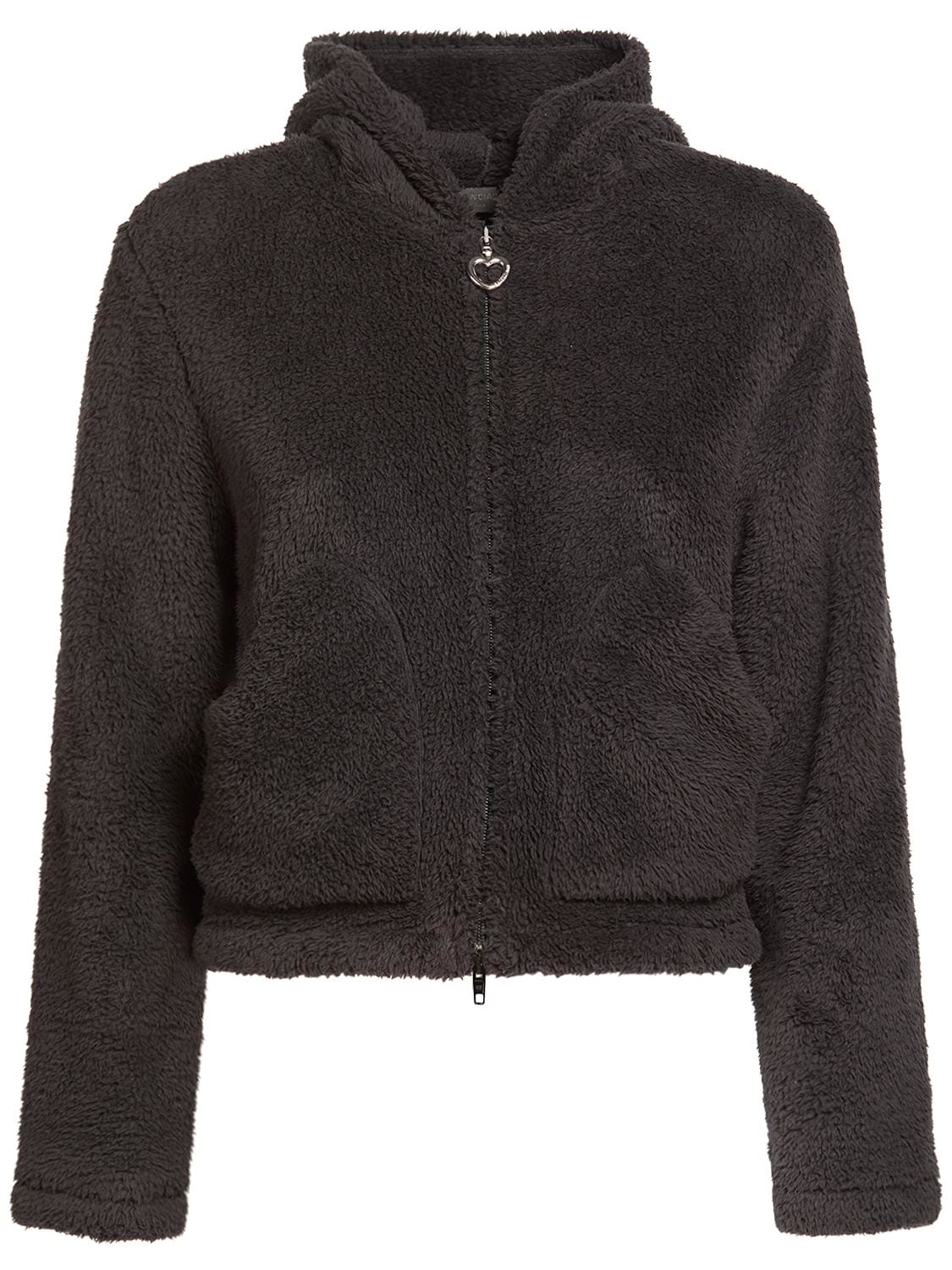 Balenciaga Heart Zip-up Faux Fur Sweatshirt In Black