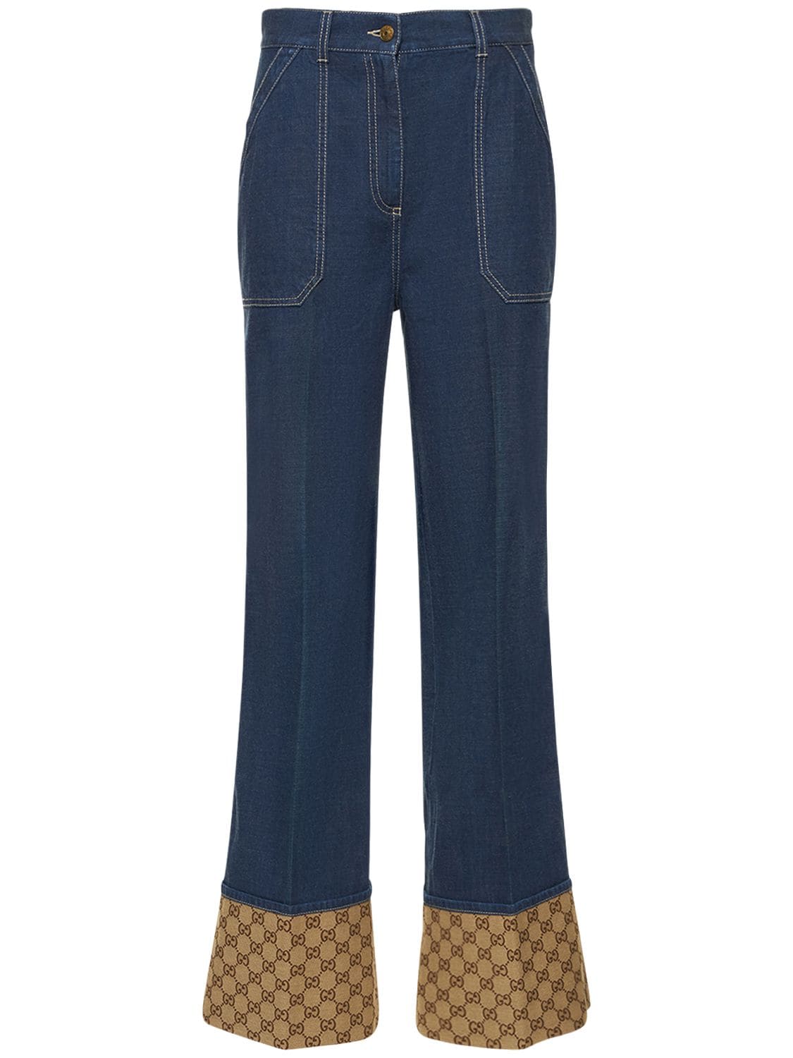 Shop Gucci High Waist Cotton Jeans In Blue,beige