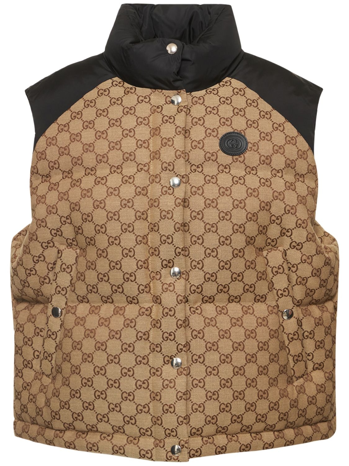 GG cotton canvas padded gilet in camel and ebony