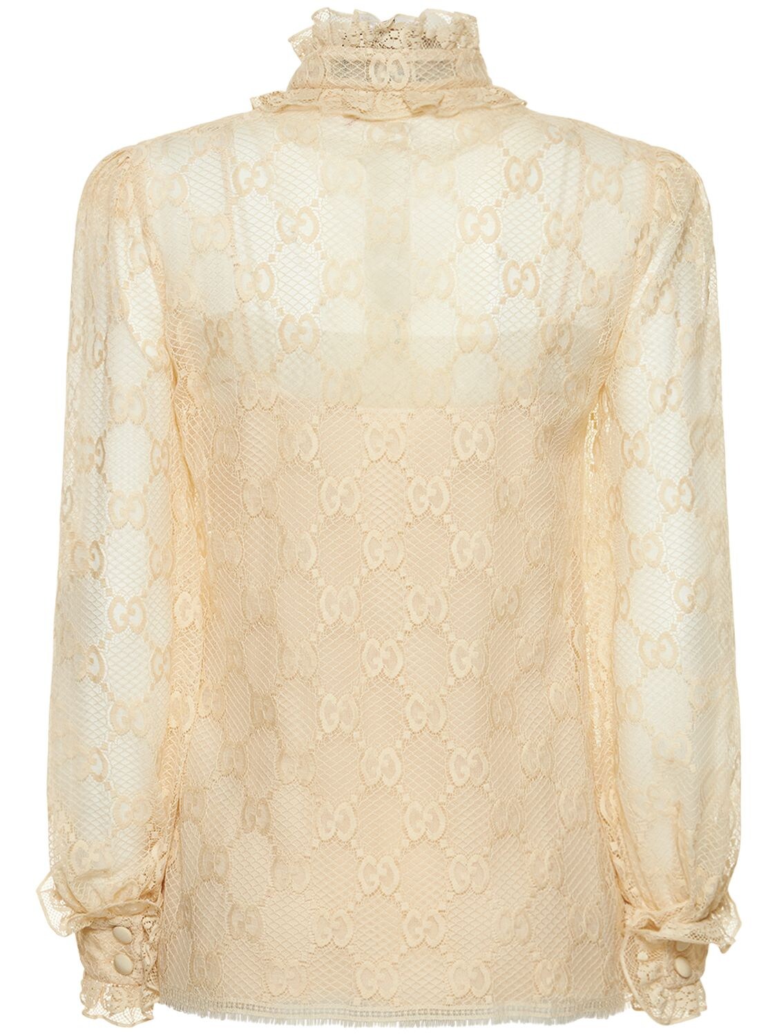 Gucci Pussy-bow Collar Geometric Gg-print Silk Shirt in Natural