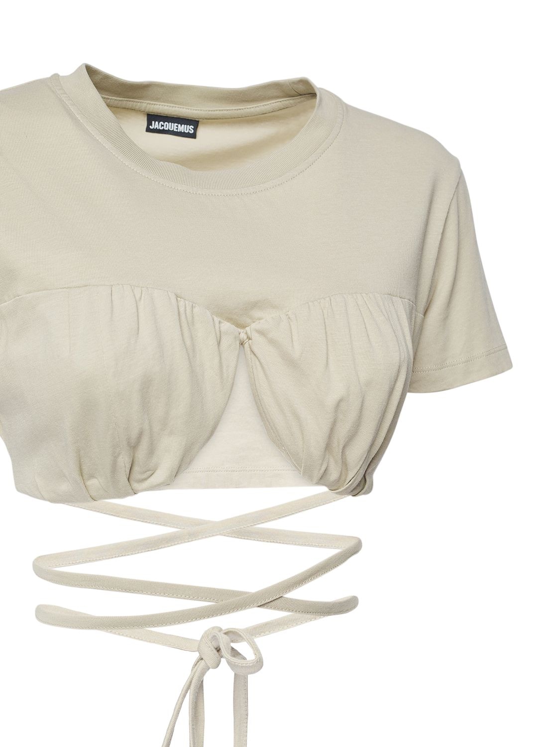 Shop Jacquemus Le Tshirt Baci Cotton Self-tie Crop Top In Beige
