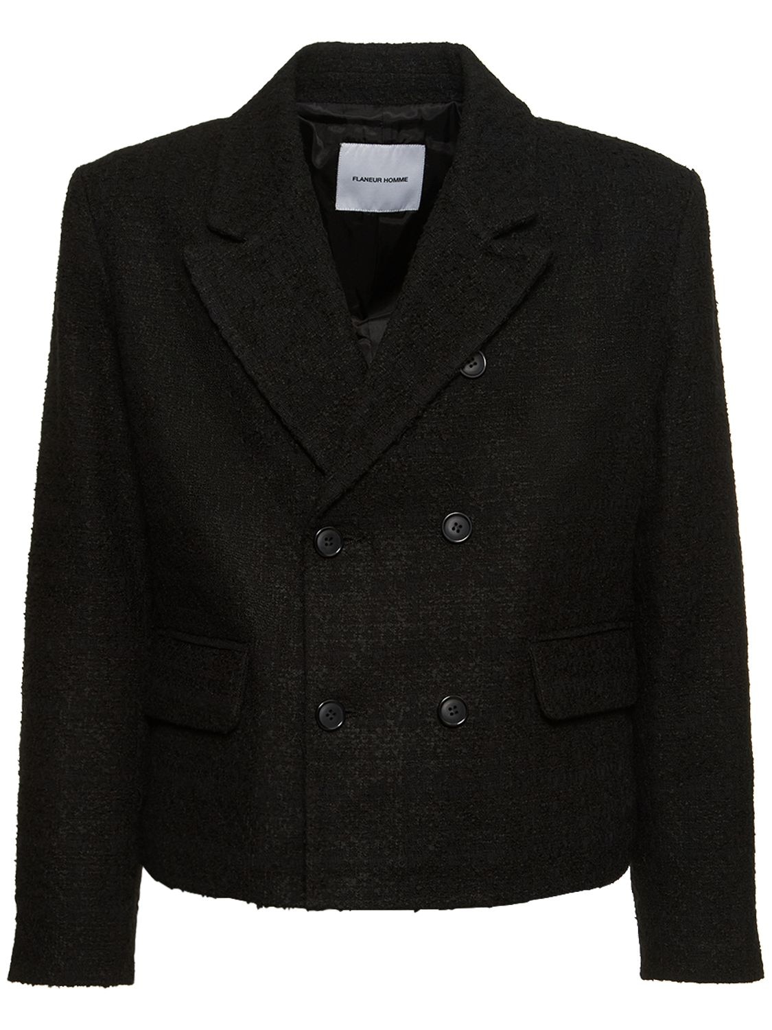Flaneur Homme Double Breasted Cropped Wool Blazer In Black