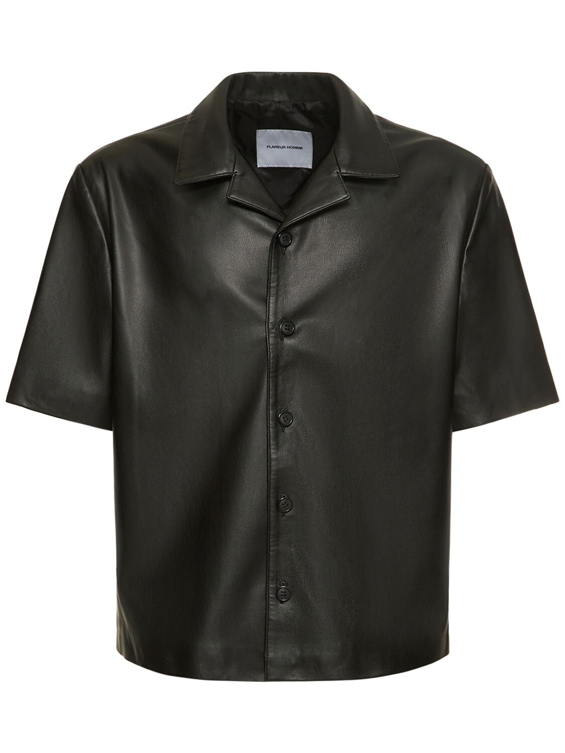 Flaneur Homme Faux Leather Button-up Bowling Shirt In Black