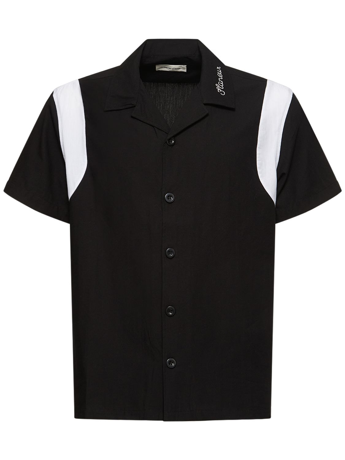 Flaneur Homme Logo Detail Cotton Bowling Shirt In Black