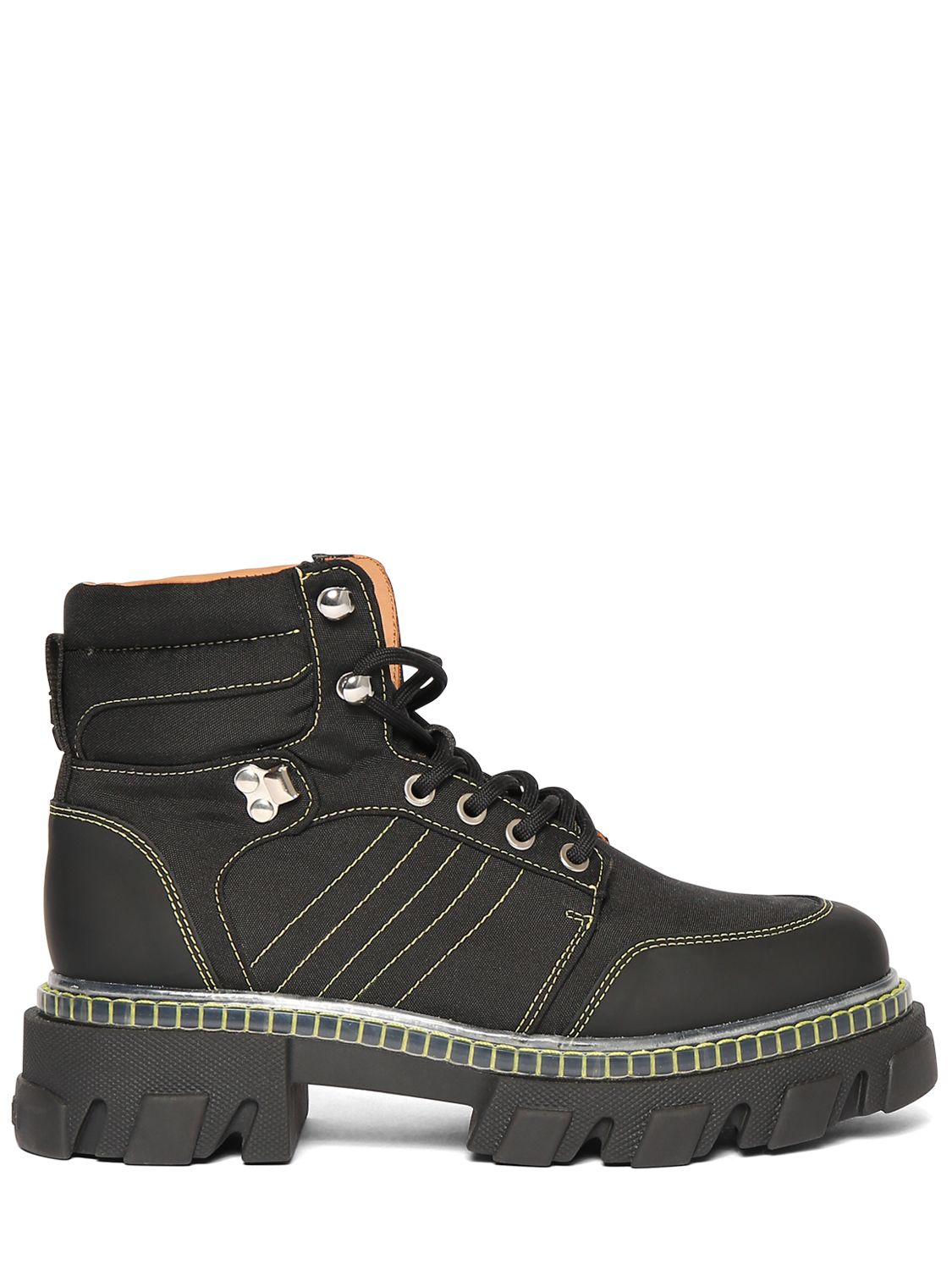 Ganni 50mm Recycled Fabric Hiking Boots In Black
