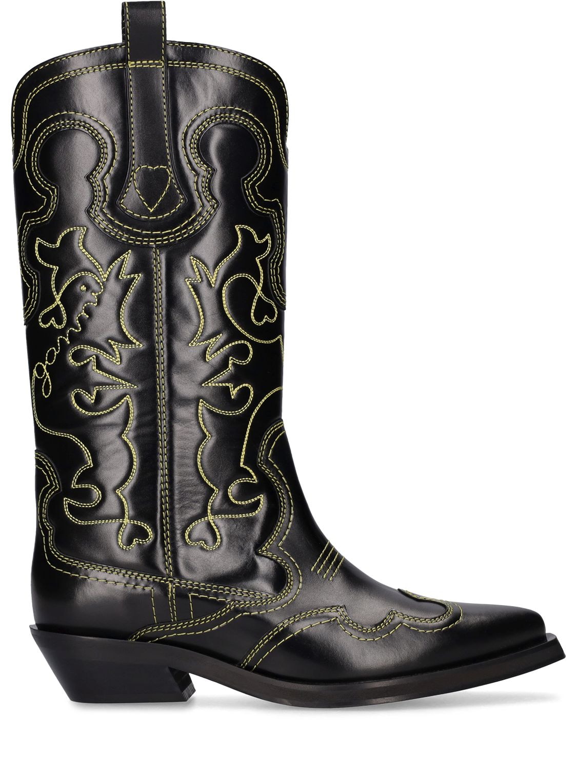 Ganni 40mm Mid Shaft Embroidered Western Boots In Black,yellow