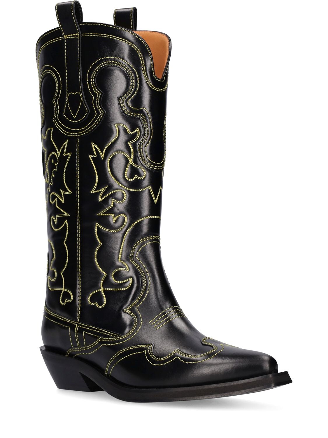 Shop Ganni 40mm Mid Shaft Embroidered Western Boots In Black,yellow