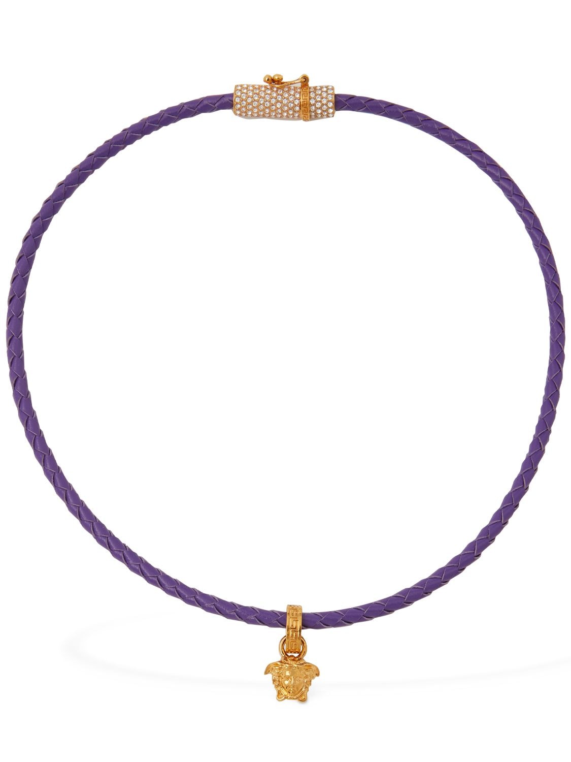Versace Crystal Medusa Leather Choker In Purple,gold