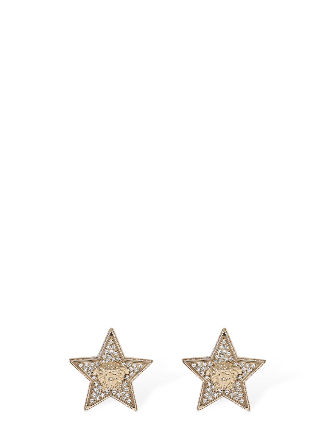 Versace Star & Crystal Medusa Stud Earrings In Gold,crystal