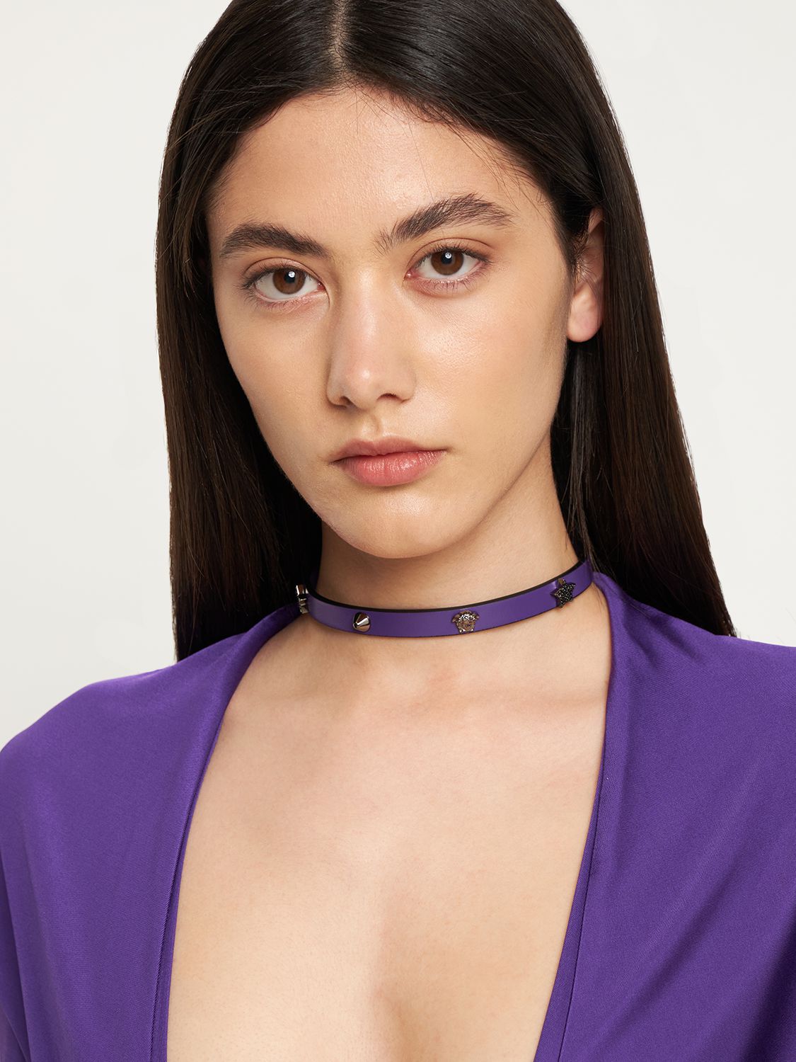 Shop Versace Medusa Adjustable Leather Choker In Purple,black