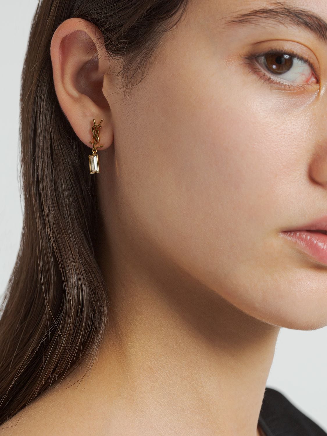 Shop Saint Laurent Monogram Brass Mono Earring In Gold,crystal