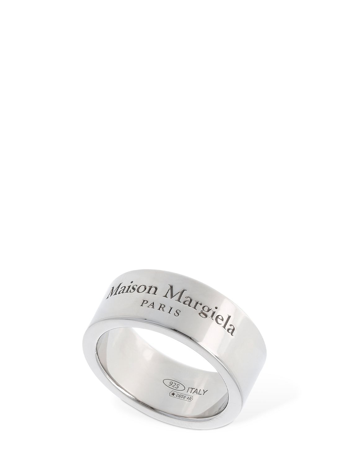 Shop Maison Margiela Logo Engraved Band Ring In Palladium