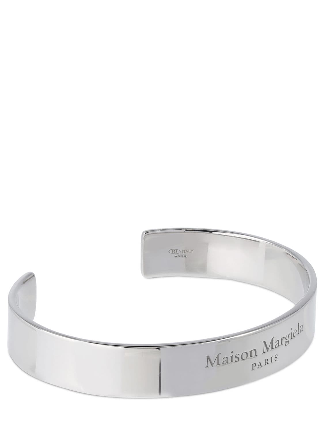 Shop Maison Margiela Logo Engraved Thick Cuff Bracelet In Palladium