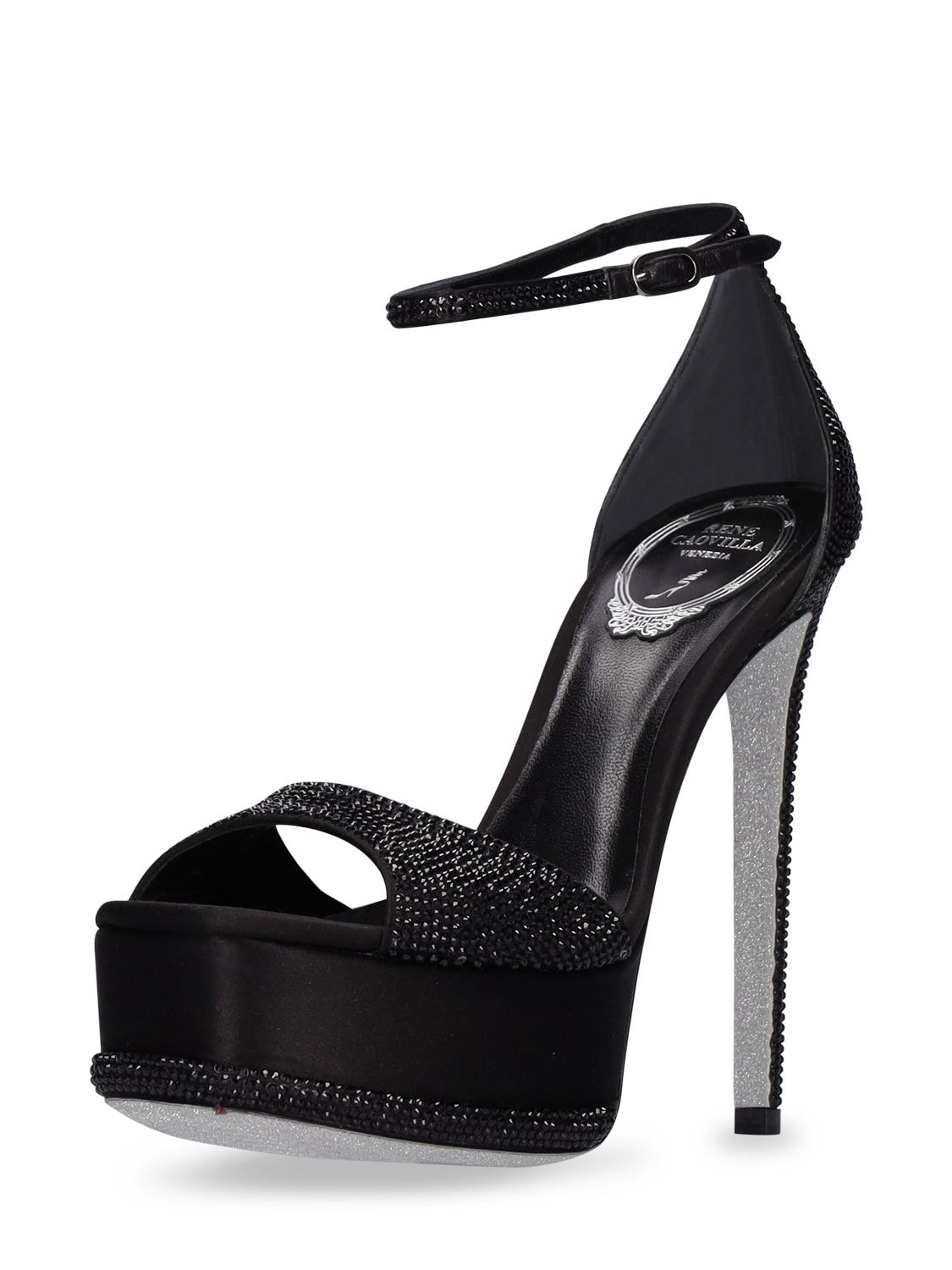Shop René Caovilla 130mm Embellished Satin Platform Sandals In Black