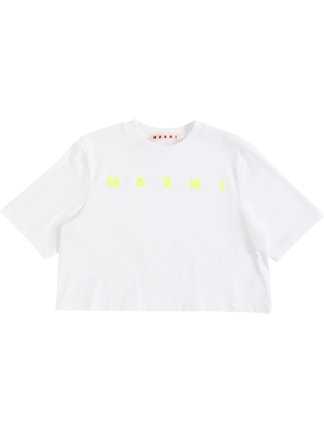Marni Junior Kids' Logo Print Jersey Cropped T-shirt In White