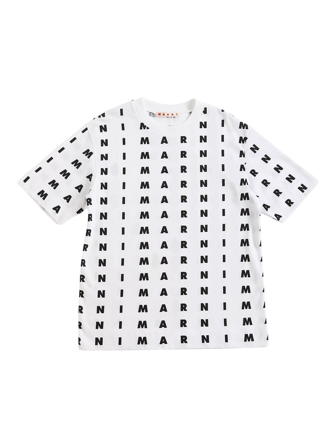 Marni Junior Kids' All Over Logo Print Jersey T-shirt In White,black